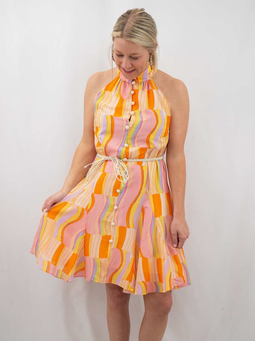 Fate Halter Button-Front Summer Dress in Pink & Orange - DOES NOT INCLUDE BELT